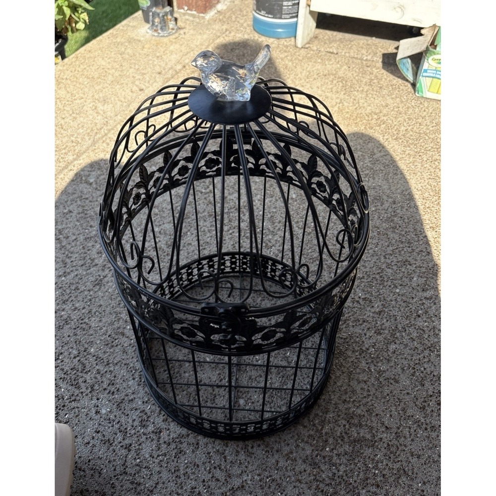 Decorative Black Metal Birdcage 16" Ornate Scrollwork Plastic Bird Finial